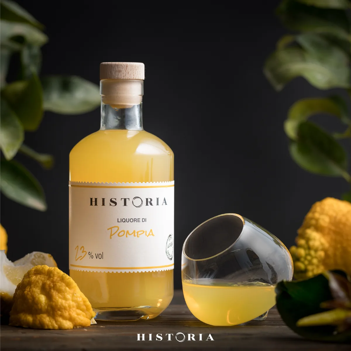 Bottiglia di liquore di pompia Historia con agrumi