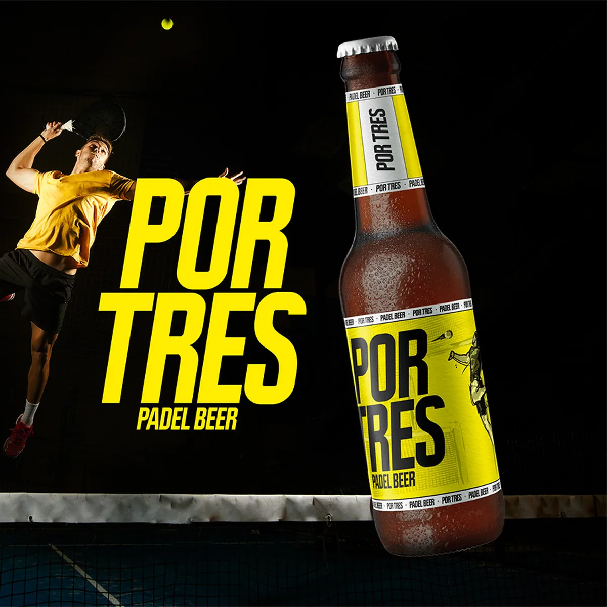 Grafica e bottiglia di Por Tres, birra del padel