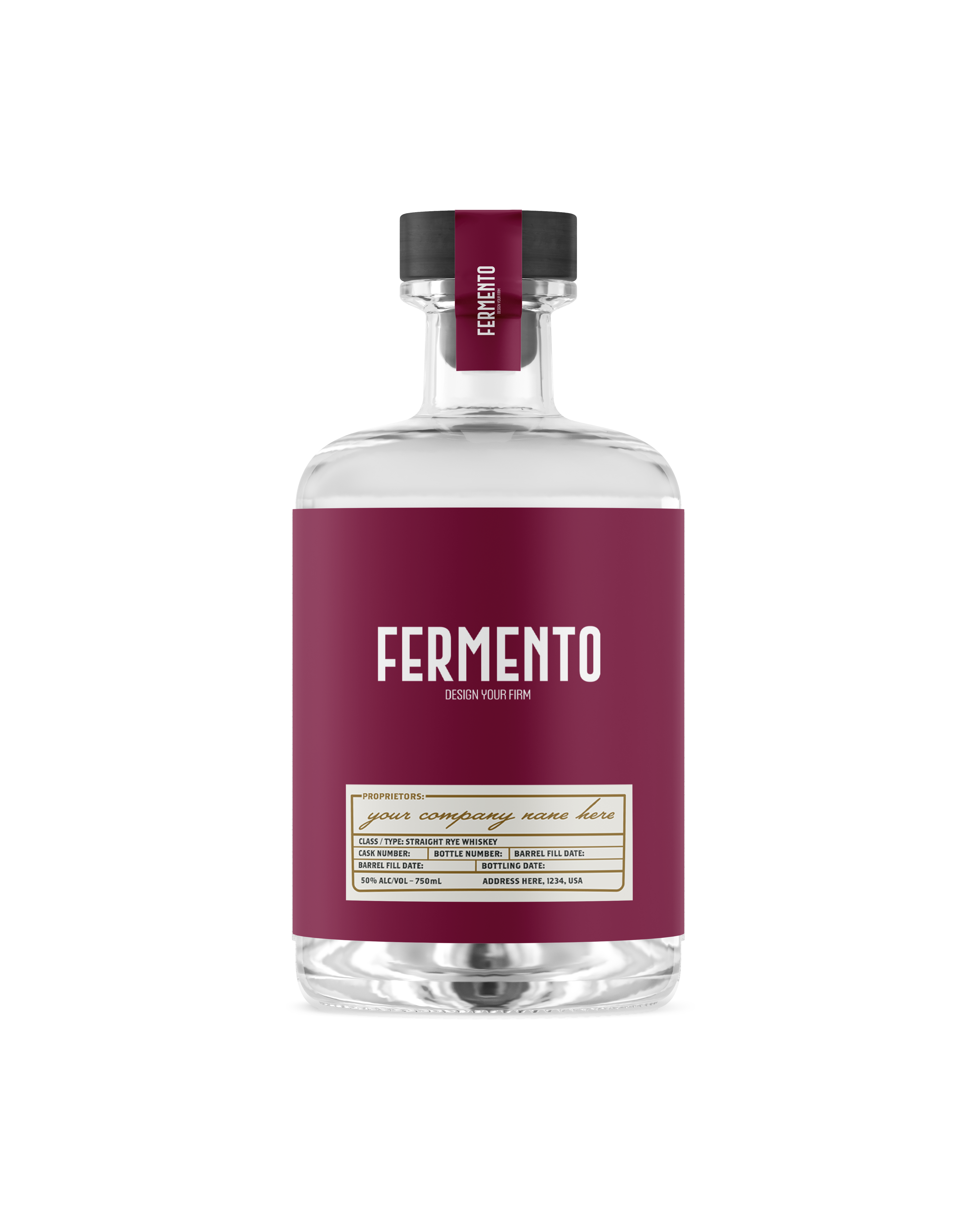 Bottiglia di gin Fermento con etichetta borgogna premium
